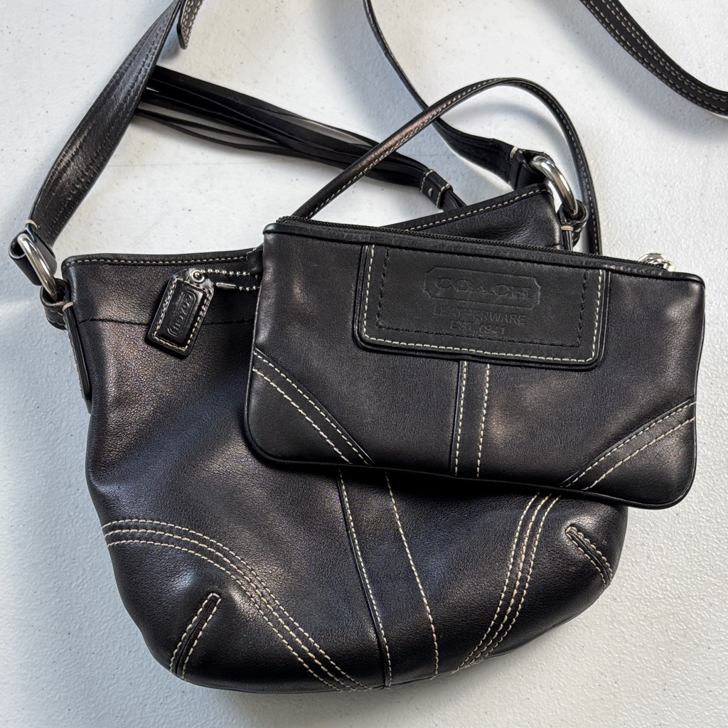 Vintage Coach Crossbody Side Leather Bag Black White Stitch With Wristlet Set